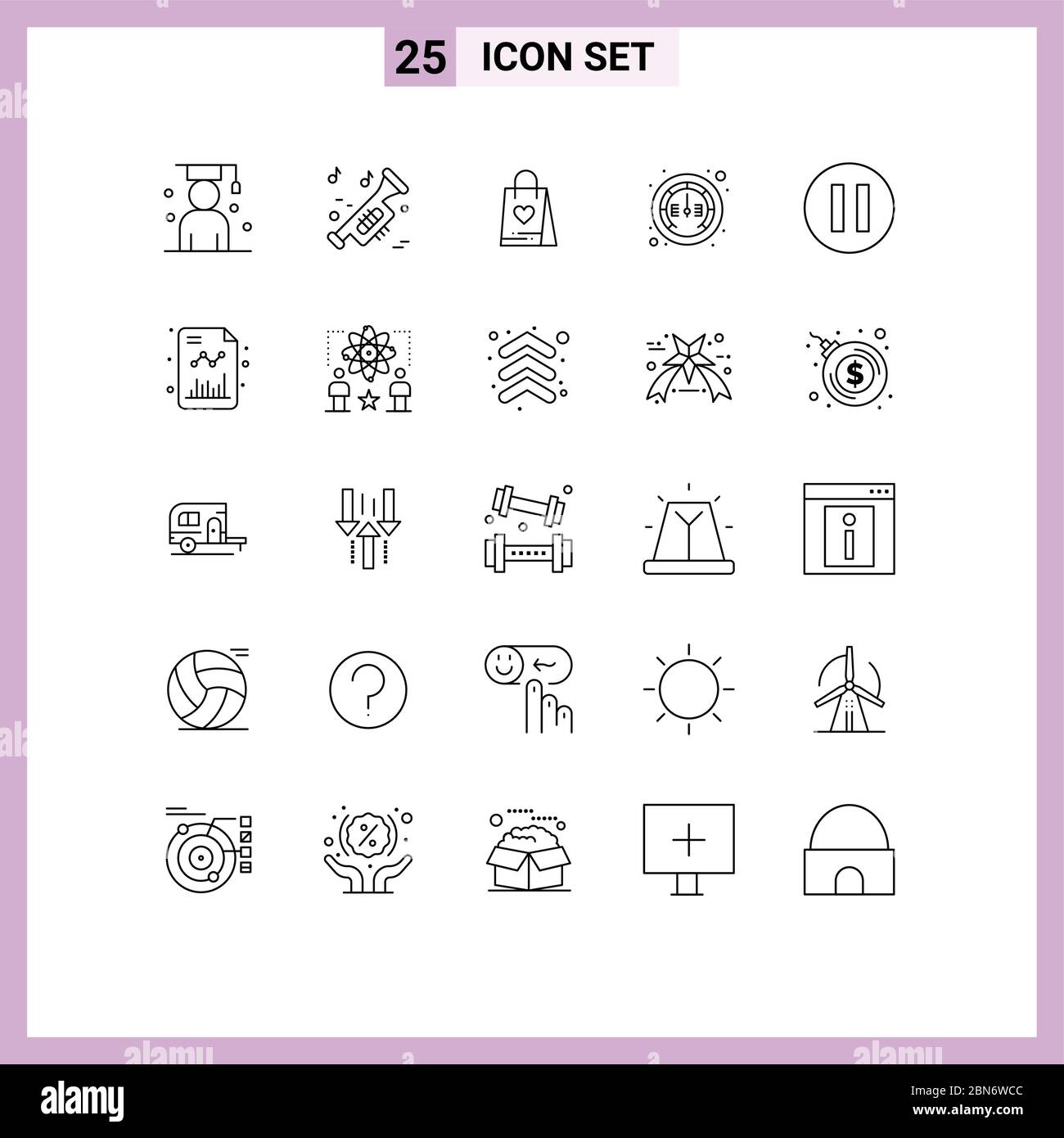 Group of 25 Lines Signs and Symbols for multimedia, meter, university, internet, bag Editable Vector Design Elements Stock Vector