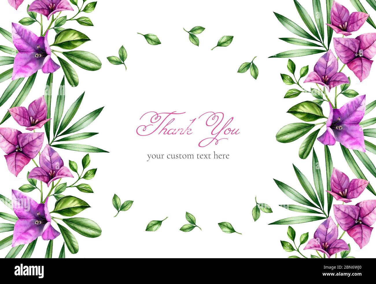 Watercolor Floral Background Horizontal A5 Card Template And Place For Custom Text Tropical Leaves And Purple Bougainvillea Flowers Botanical Stock Photo Alamy