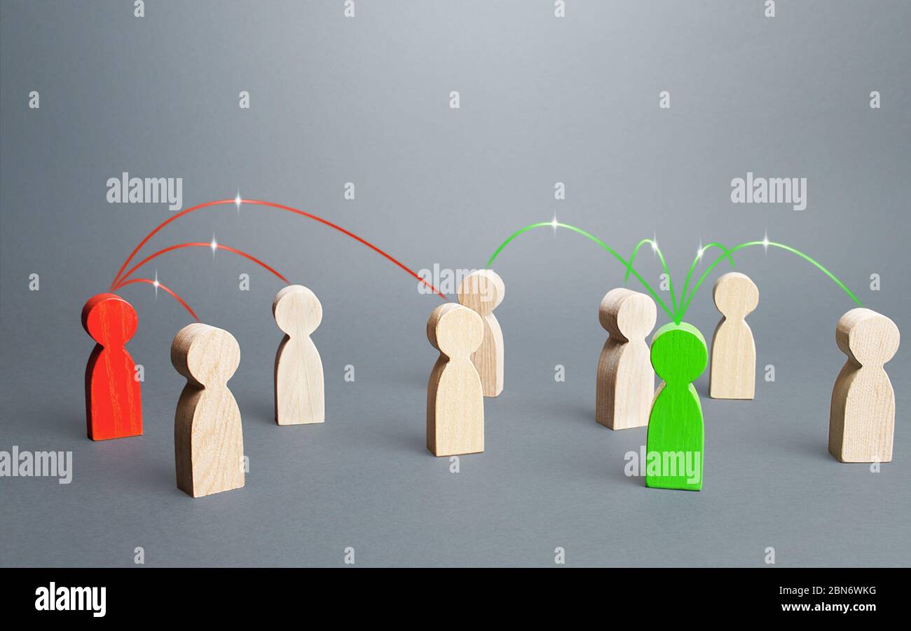 Red and green persons compete for influences on other people. Build support, strengthen your position in a dispute or election. Luring people to their Stock Photo