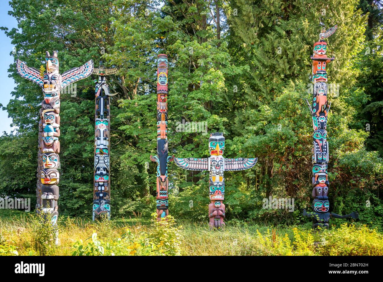 Stanley Park Totem Poles in Vancouver, British Columbia, Canada Stock Photo