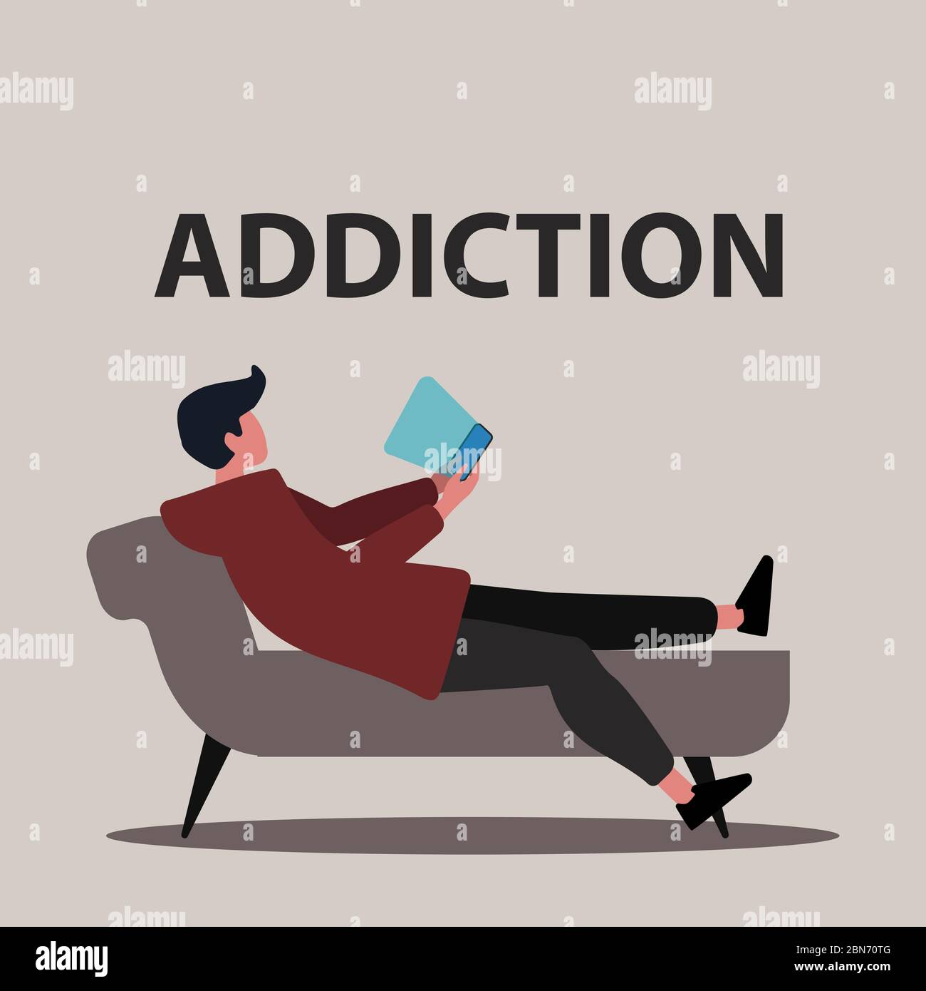 Gadget dependence. Internet addict lying on sofa with smartphone, grey background. Vector illustration in flat style Stock Vector