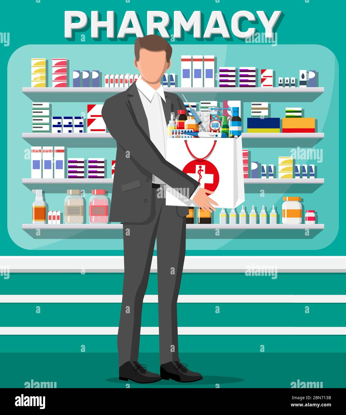 Man holding drugstore bag in front of pharmacy Stock Vector Image & Art -  Alamy