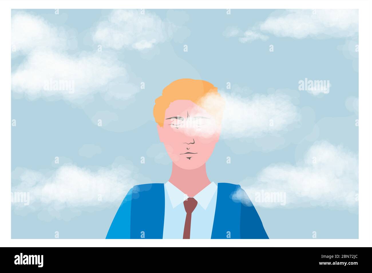 Head in the clouds, a businessman on background of sky with clouds ...