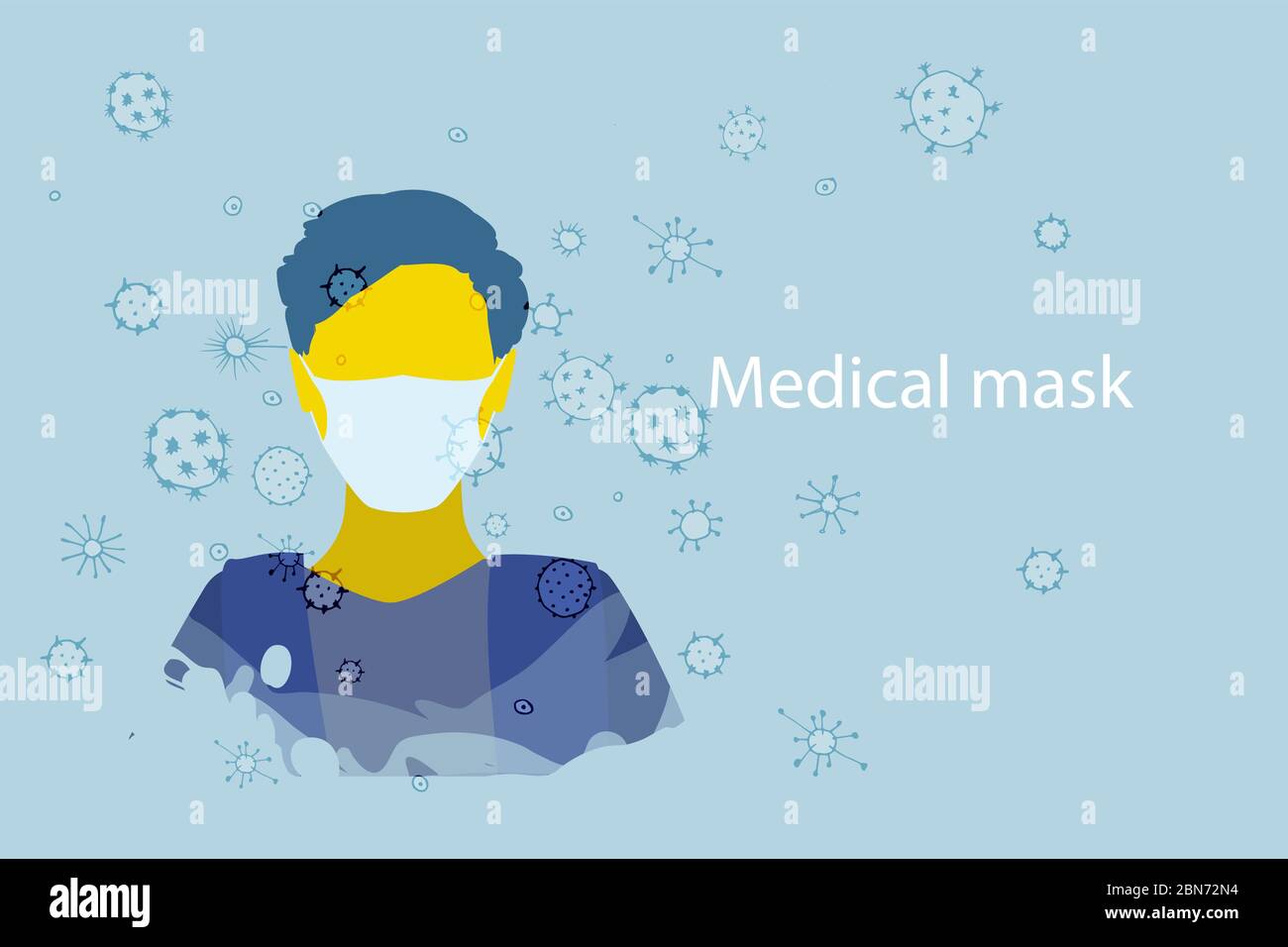 Lots of bacteria and viruses in air and in particles, virus transfer by airborne droplets. Human face in medical mask and various bacteria and viruses. Stock Vector