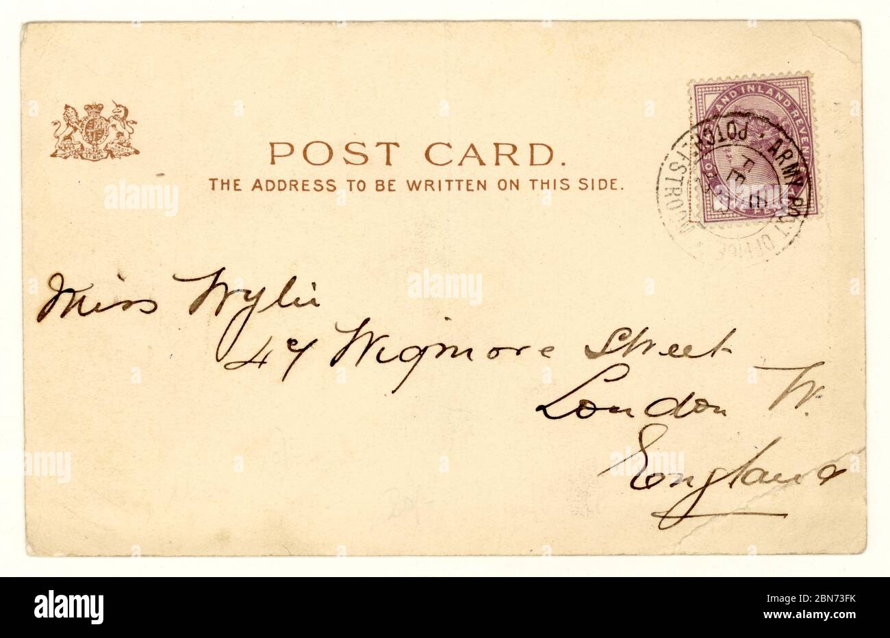 Reverse of postcard from Potchefstroom, S. Africa, sent just before the end of the Boer War, still bearing a Queen Victoria stamp, even though she had died in 1901. posted February 1902 Stock Photo