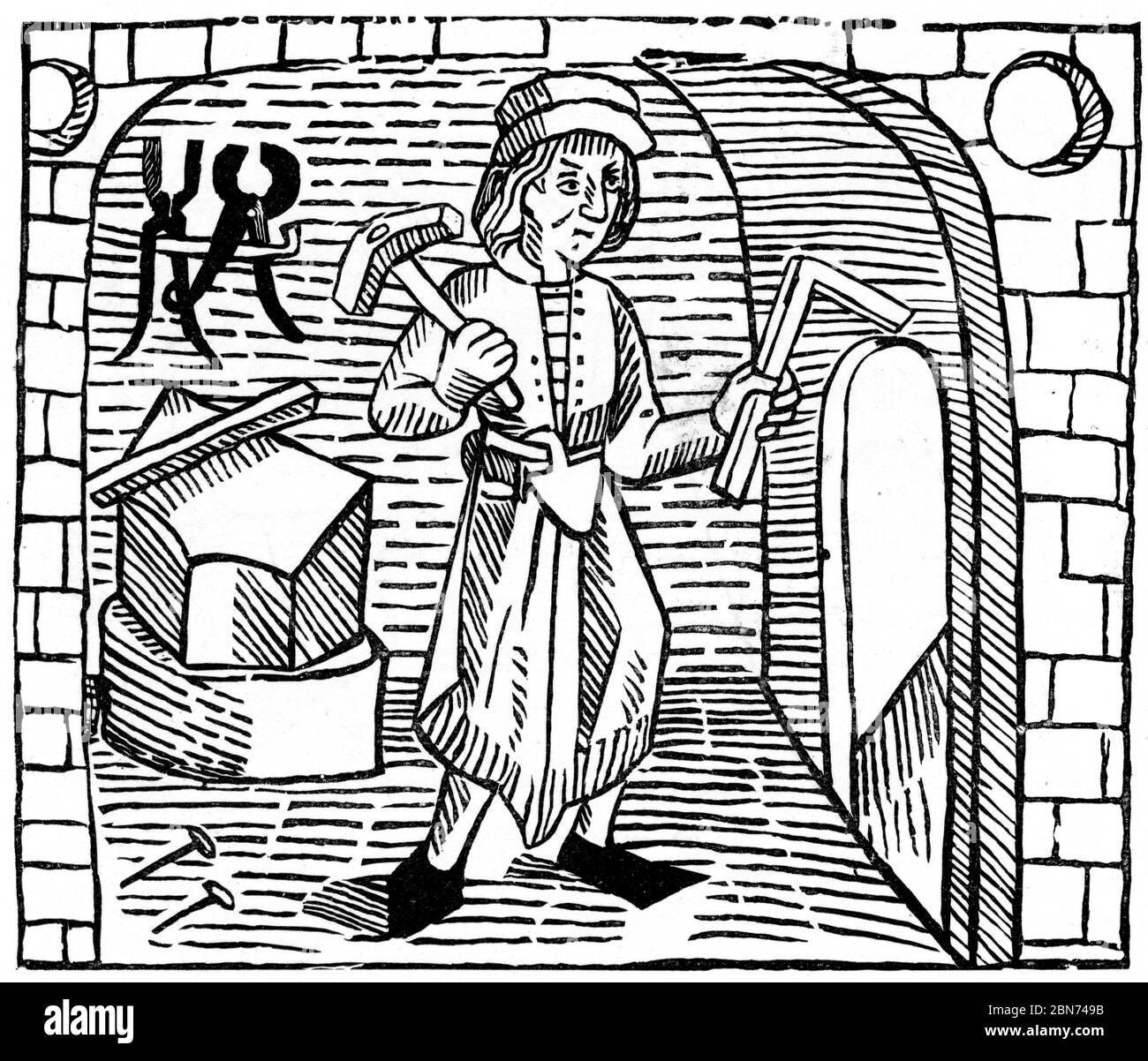 Smith, 1483. The Blacksmith from William Caxton's (c1422-c1491) The Game and Playe of the Chesse, 1483. Stock Photo