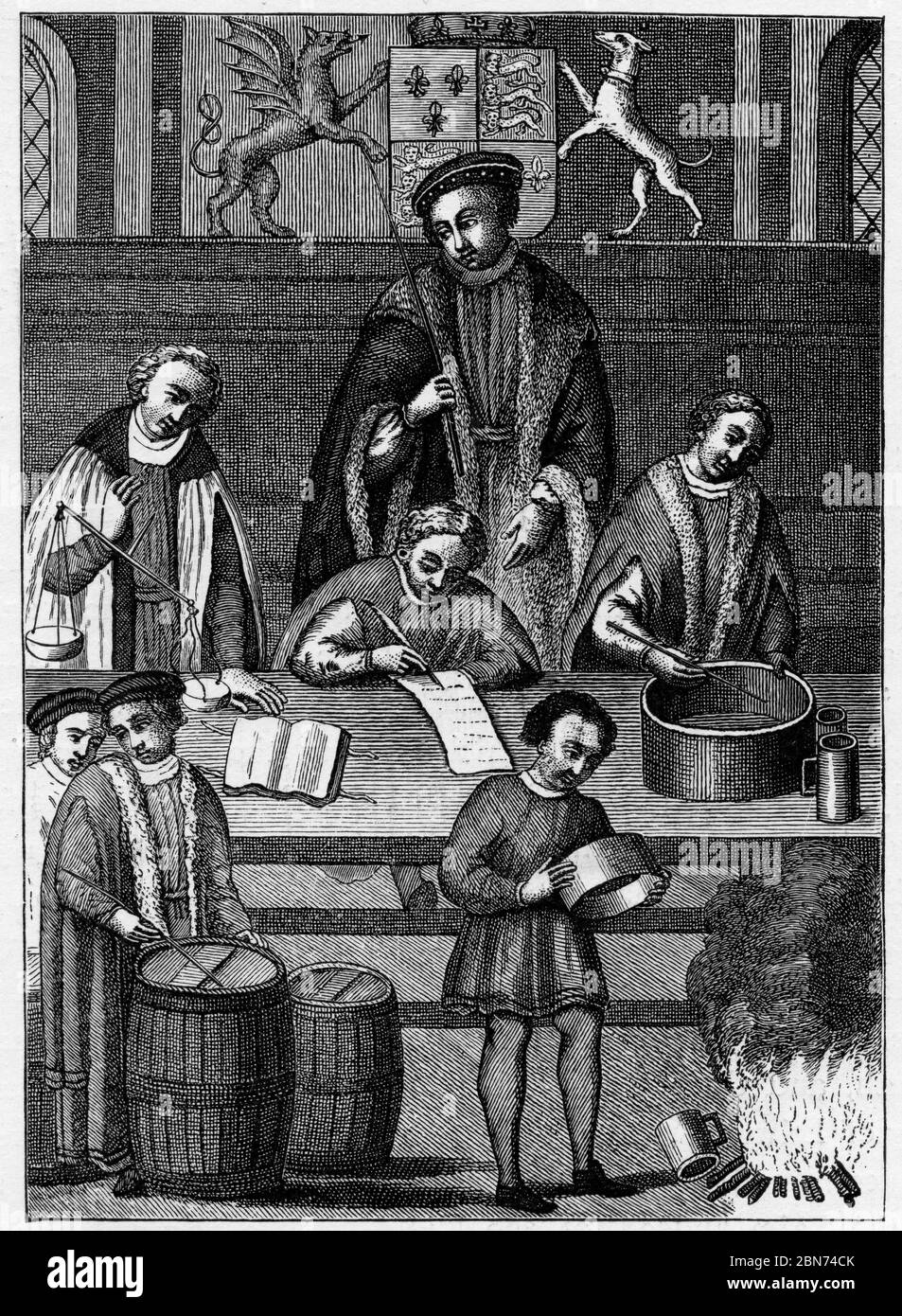The trial of Weights and Measures at the Exchequer, 1497. The testing of weights and measures during the reign of King Henry VII. Stock Photo
