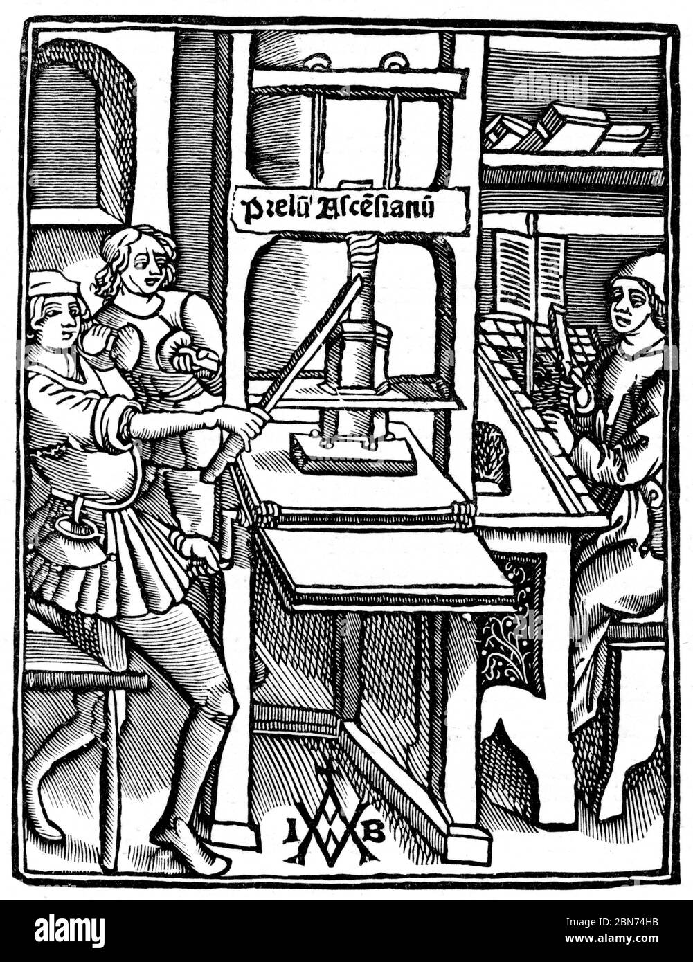 Printing press, 1511. From the title page of 'Hegesippus'. Printed by Jodocus Badius (1462-1535), Paris, 1511. Stock Photo