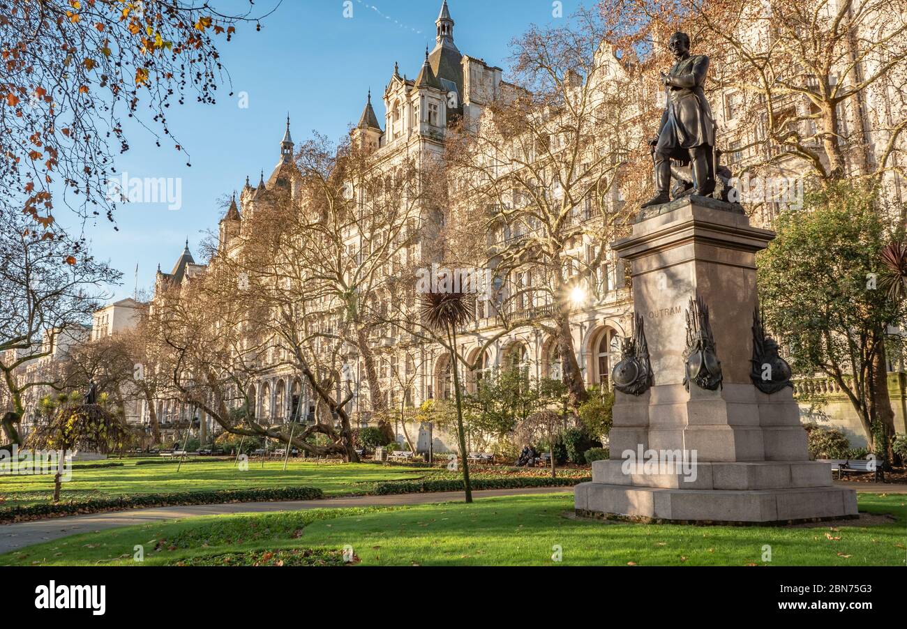 A monument to Sir James Outram, an English general involved in the Indian Rebellion of 1857, located in Victoria Embankment Gardens. Stock Photo