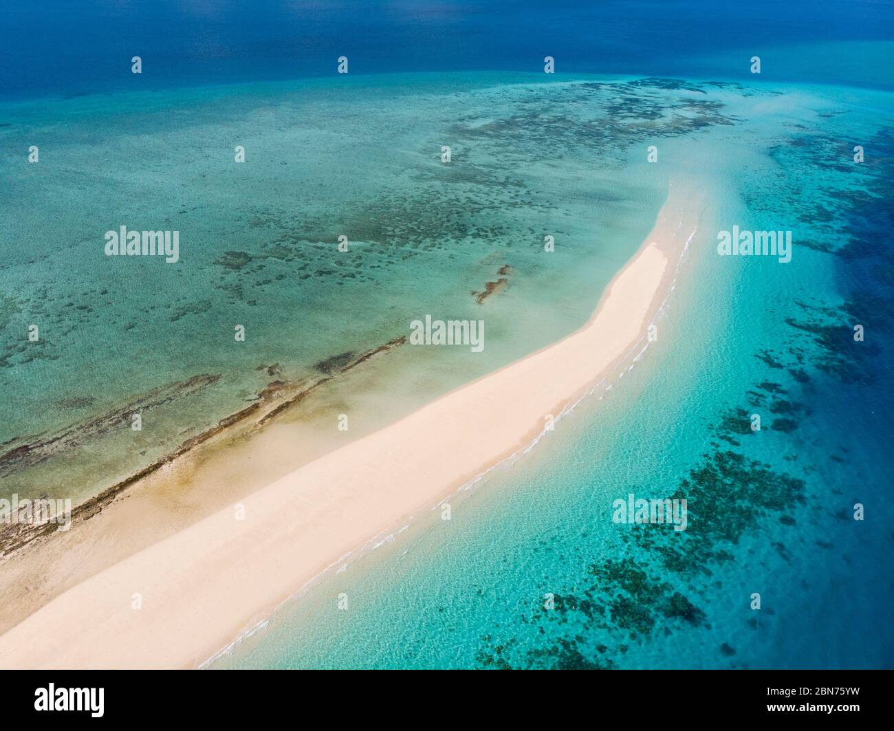 Zanzibar. Empty beach at Snow-white sand bank of Nakupenda Island. Appearing just a few hours in a day. Aerial drone shot Stock Photo
