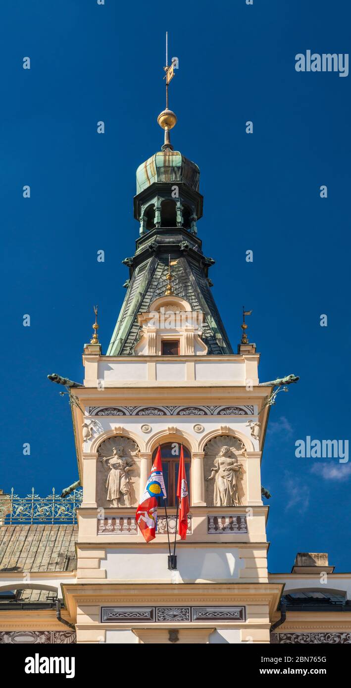 Town Hall tower, Neorenaissance style, in Pardubice, Bohemia, Czech Republic, Central Europe Stock Photo
