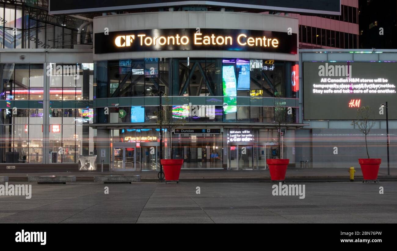 Closed CF Toronto Eaton Centre main entrance at Young-Dundas Square, captures at night during the COVID-19 global pandemic. Stock Photo