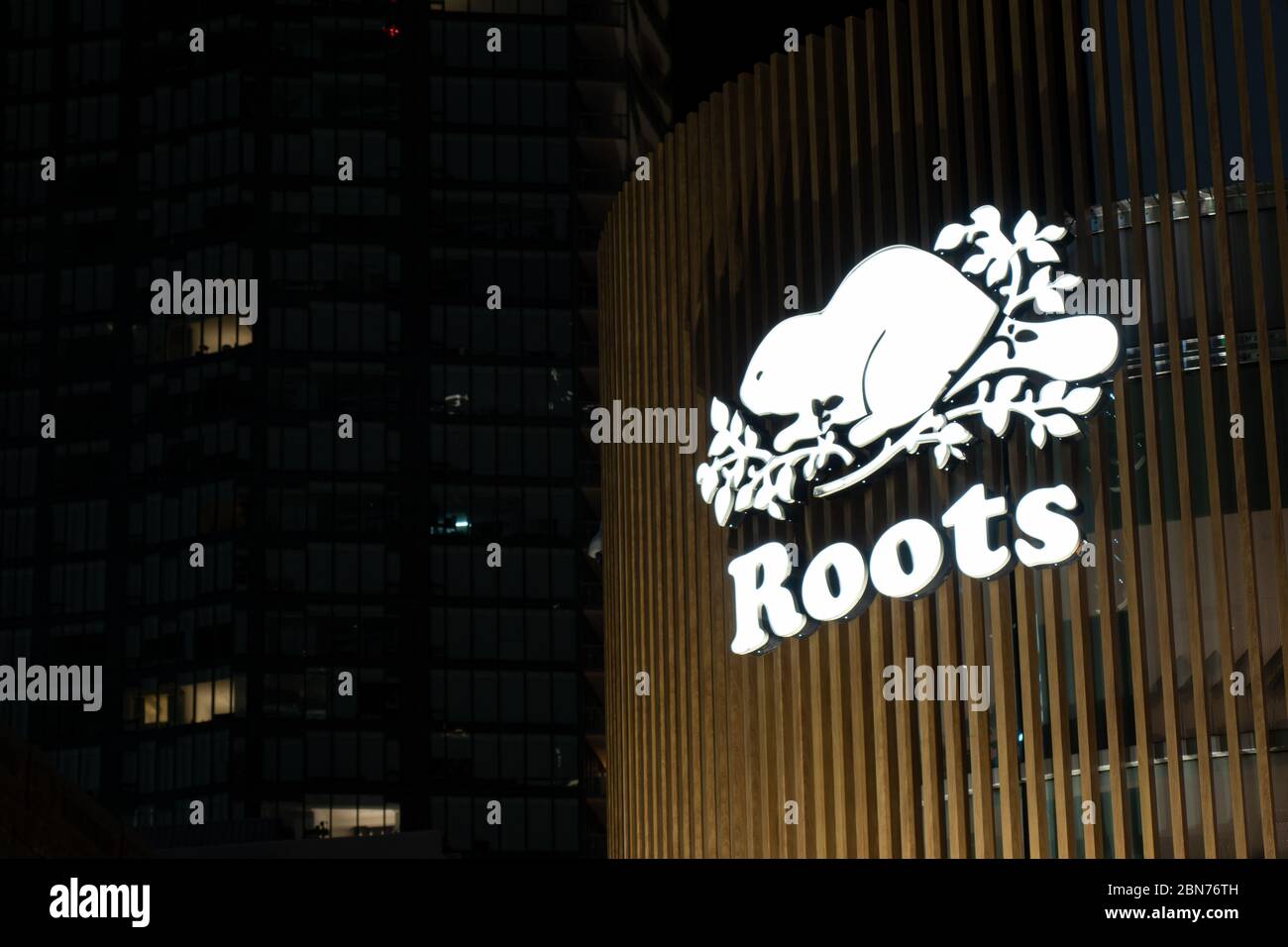 Roots Canada logo, a popular Canadian appeal company, seen atop of a store in downtown Toronto at night. Stock Photo