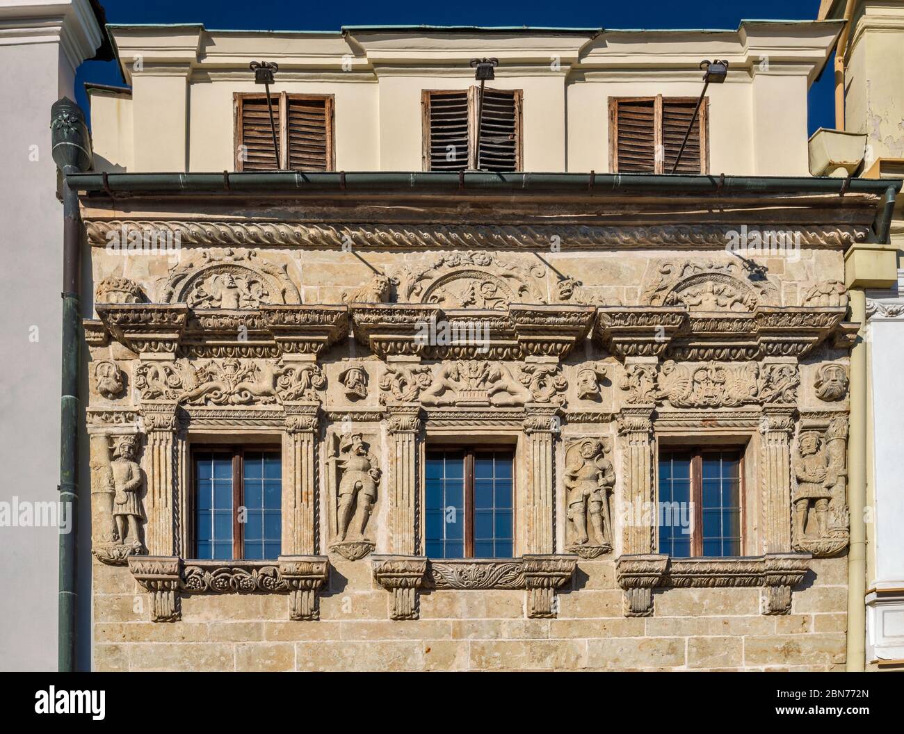 At the Knights house (U Rytiru) facade, Renaissance style, in Litomysl, Bohemia, Czech Republic, Central Europe Stock Photo