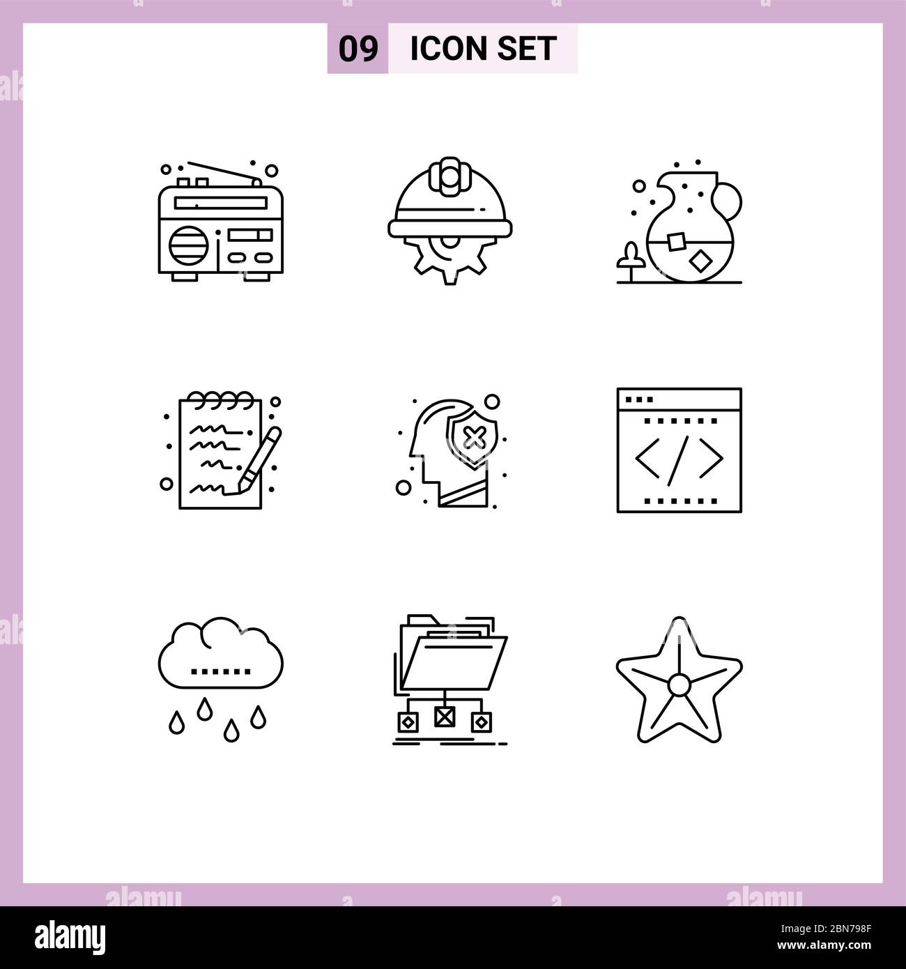 Set of 9 Modern UI Icons Symbols Signs for human, brain, ice, notepad ...