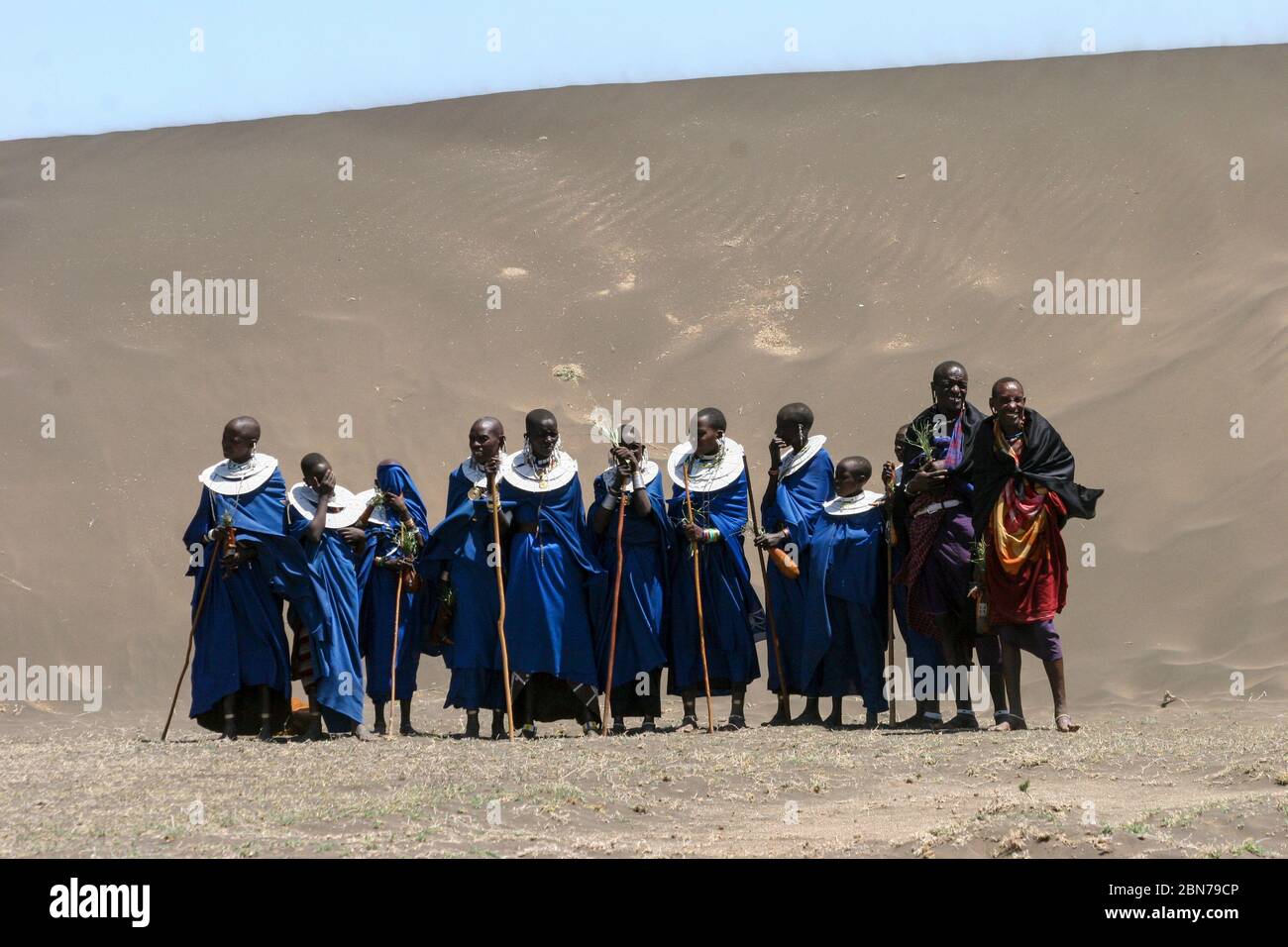A Group of Maasai women in blue robes. Maasai is an ethnic group of semi-nomadic people. Photographed in Tanzania Stock Photo
