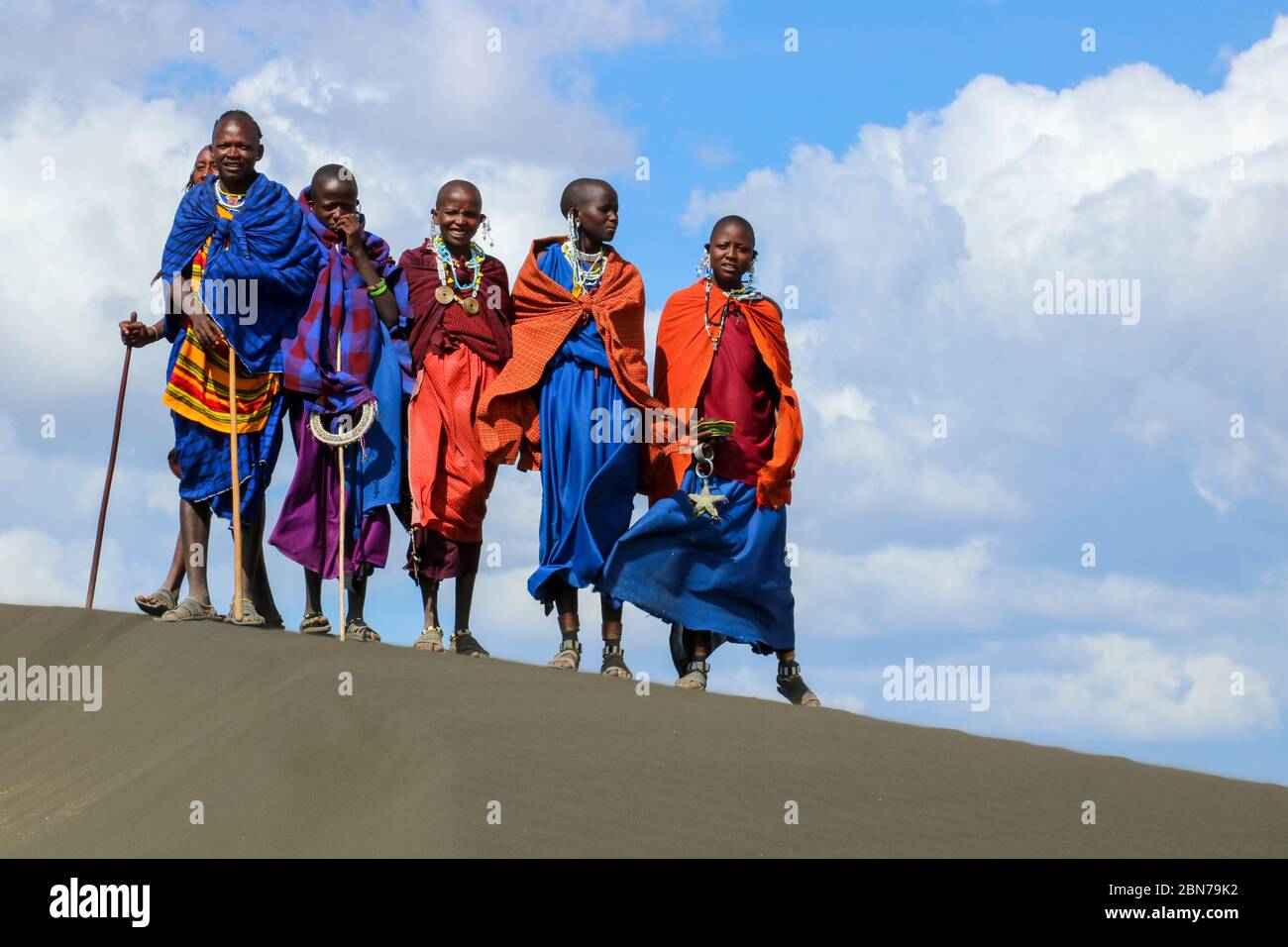 A Group of Maasai women in blue robes. Maasai is an ethnic group of semi-nomadic people. Photographed in Tanzania Stock Photo