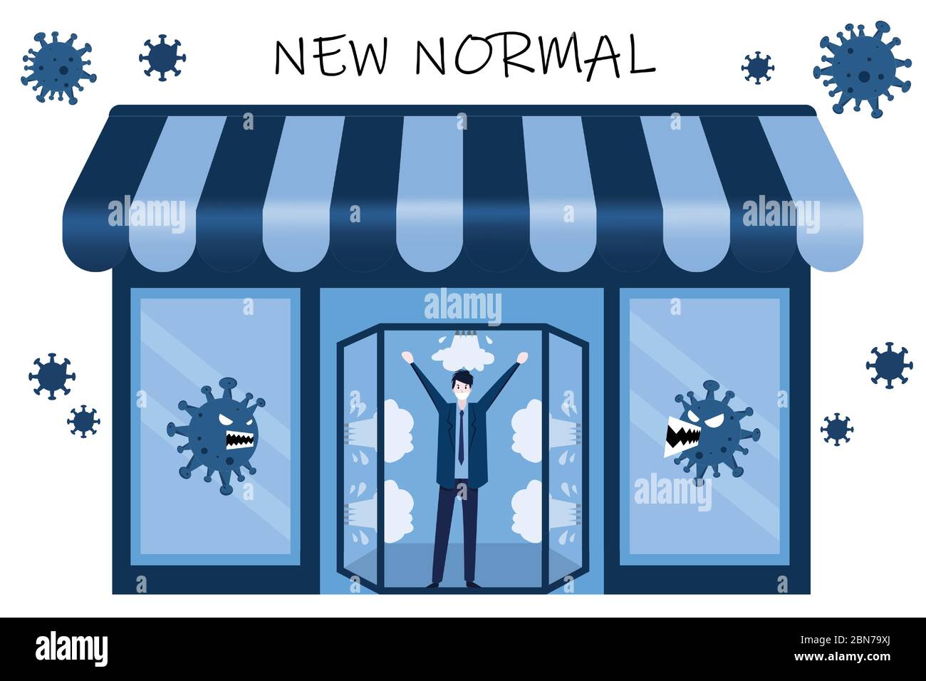 New normal after COVID-19 pandemic concept. People wear face mask walking in the automatic EM disinfection door in a shop to prevention from disease o Stock Vector