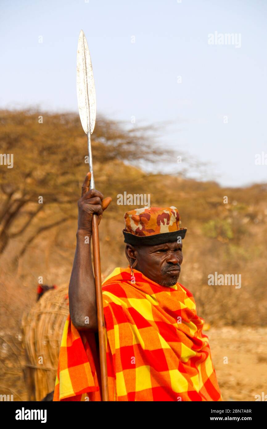 Samburu Maasai warrior with spear. Samburu Maasai an ethnic group of semi-nomadic people Photographed in Samburu, Kenya Stock Photo