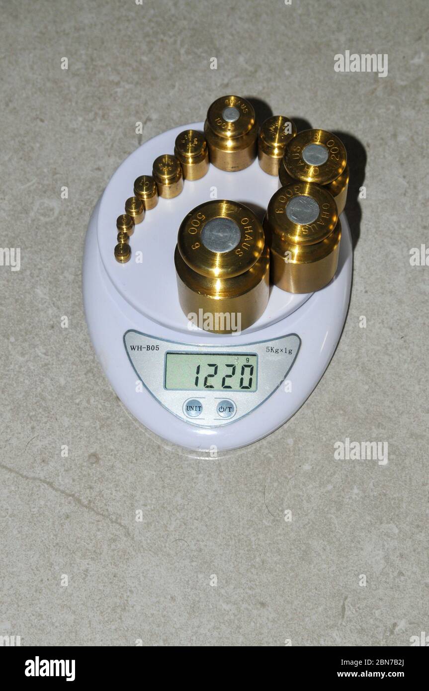 Precision weights of different value and a digital scale Stock Photo