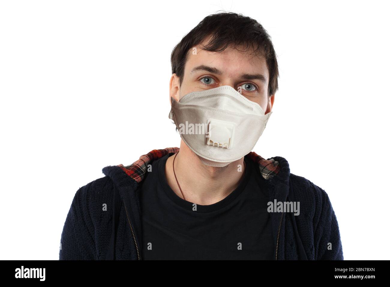 Man in protective mask isolated on white background Stock Photo