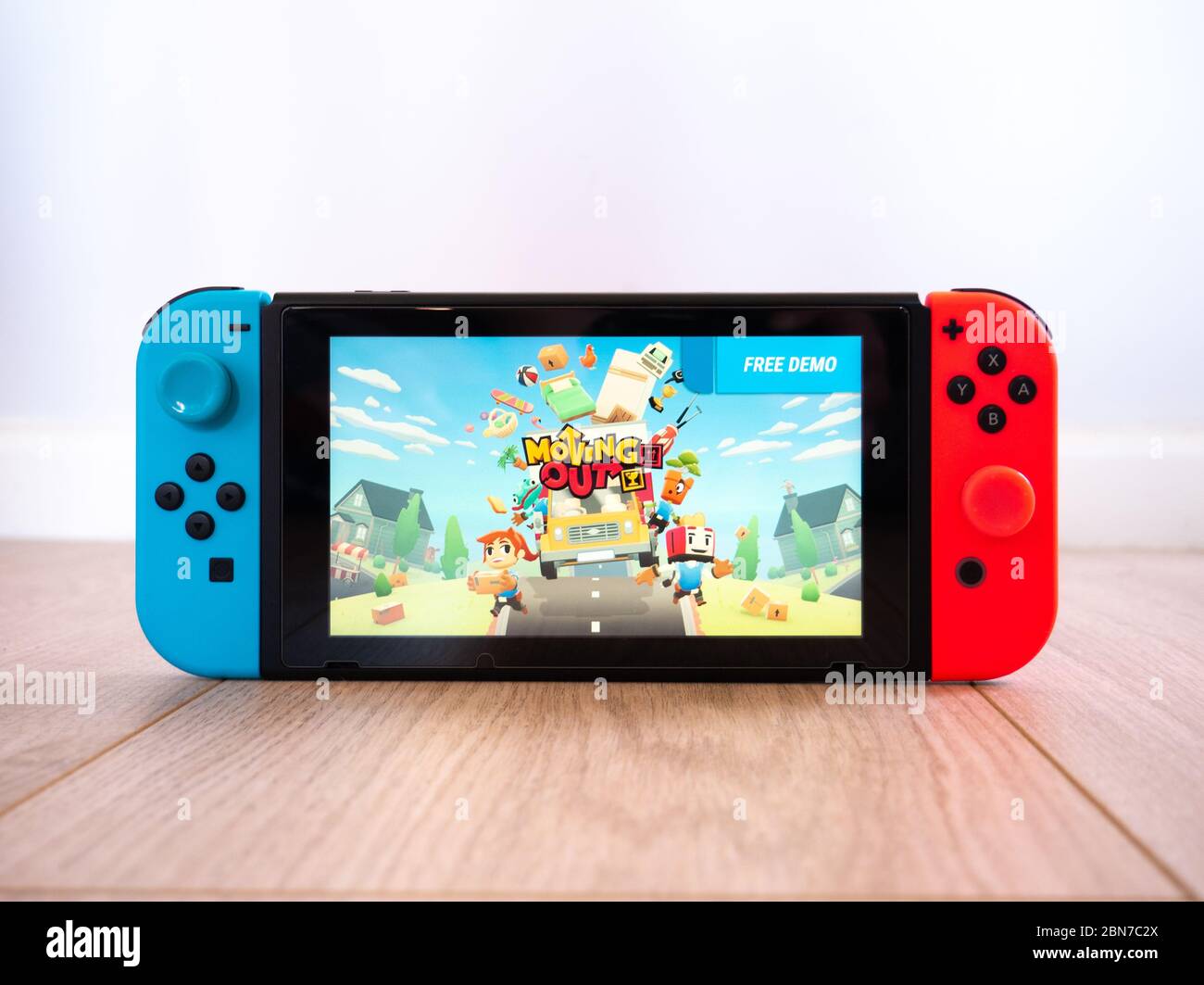 May 2020, UK: Nintendo switch console new Moving Out game by Team 17 studio on white background Stock Photo