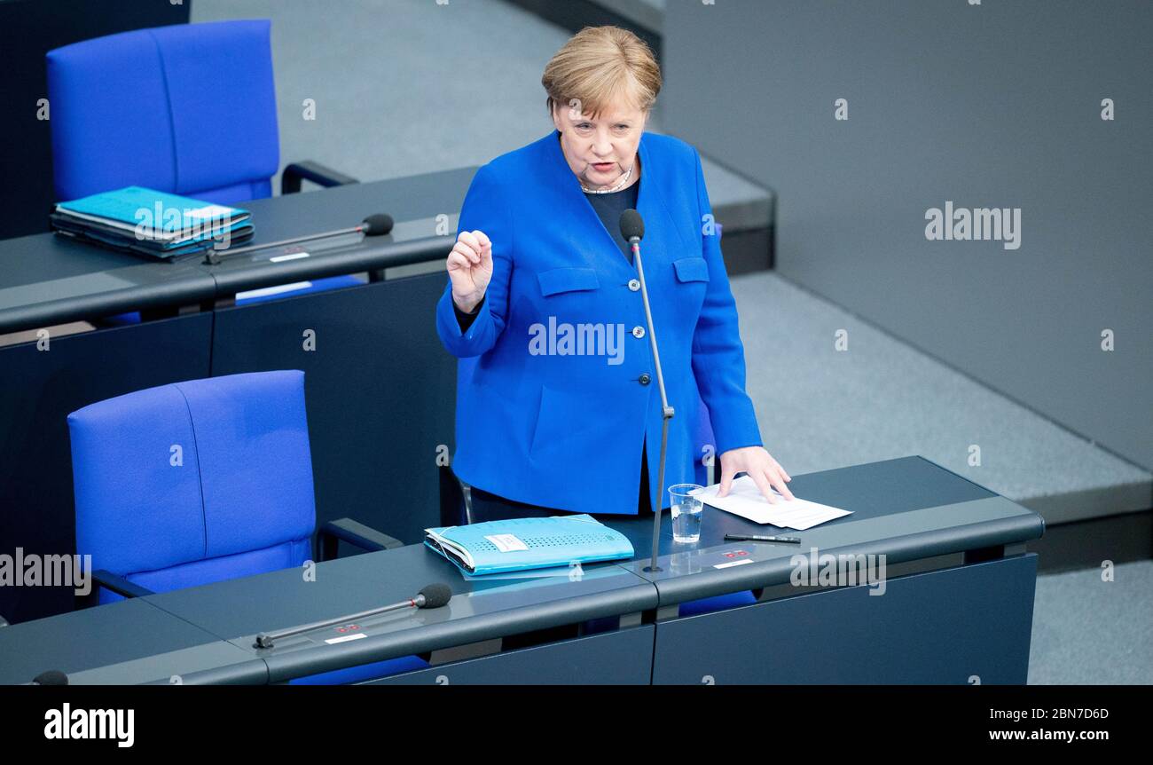 Berlin, Germany. 13th May, 2020. Chancellor Angela Merkel (CDU), takes part in the government survey in the Bundestag. The agenda of the 159th session of the German Bundestag includes the government survey as well as deliberations on foreign missions of the Bundeswehr. Credit: Kay Nietfeld/dpa/Alamy Live News Stock Photo
