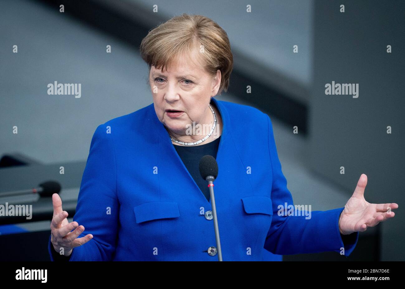 Berlin, Germany. 13th May, 2020. Chancellor Angela Merkel (CDU), takes part in the government survey in the Bundestag. The agenda of the 159th session of the German Bundestag includes the government survey as well as deliberations on foreign missions of the Bundeswehr. Credit: Kay Nietfeld/dpa/Alamy Live News Stock Photo