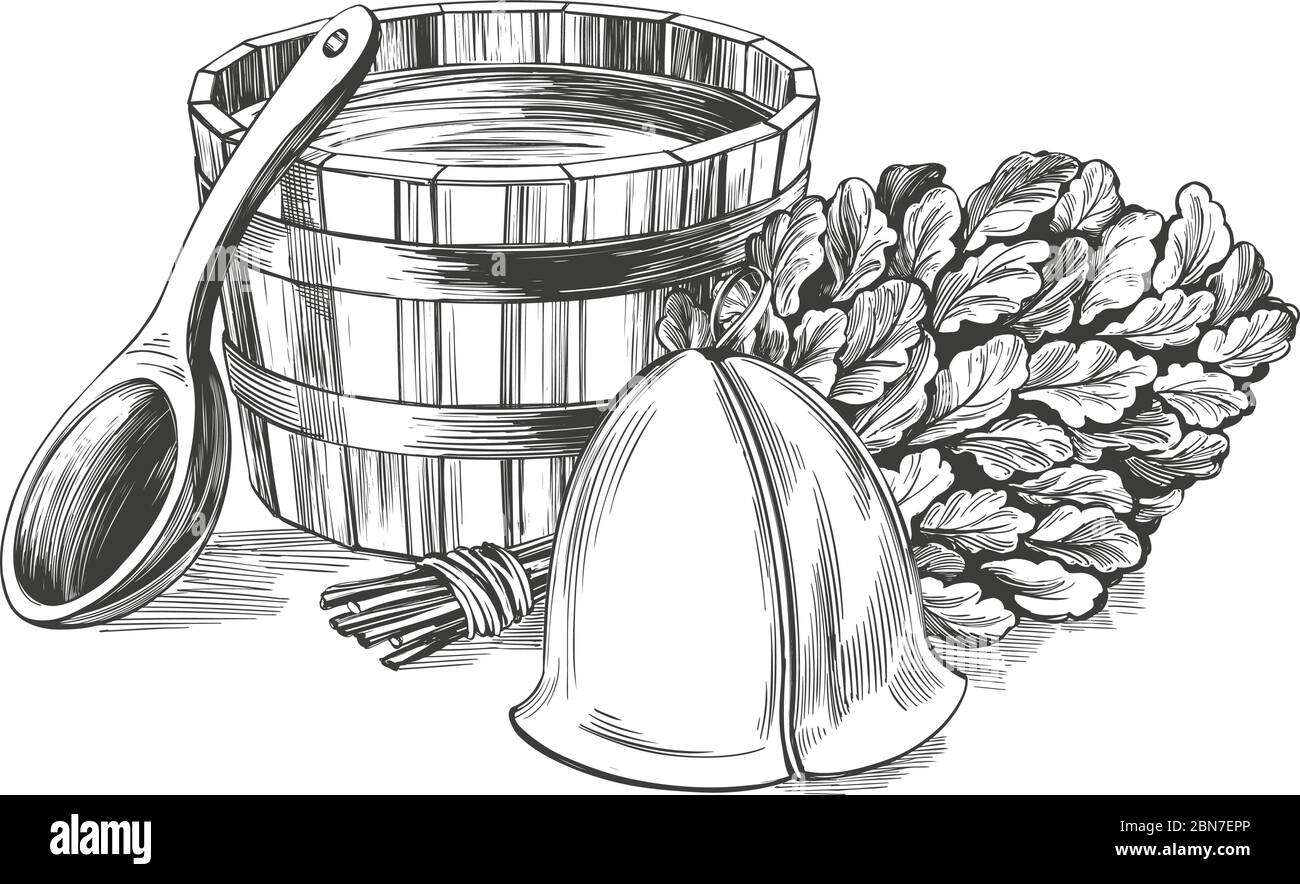 bath accessories, Russian sauna, water, steam broom, hand drawn vector illustration realistic sketch. Stock Vector
