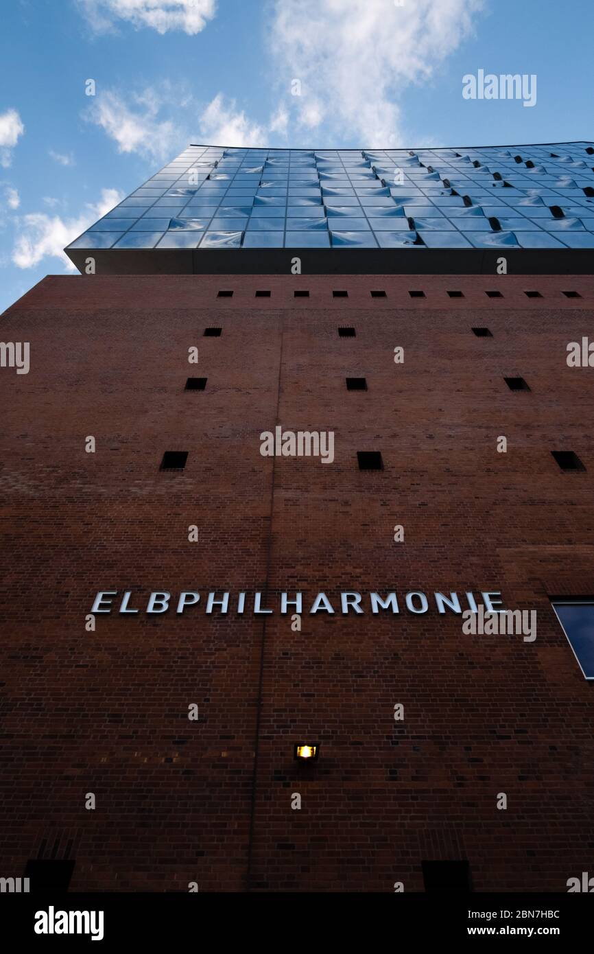 Hamburg, Germany - May 09 2020: artistic shot of the Elbphilharmonie or Elbe Philharmonic Hall, a concert hall  in the HafenCity quarter of Hamburg Stock Photo