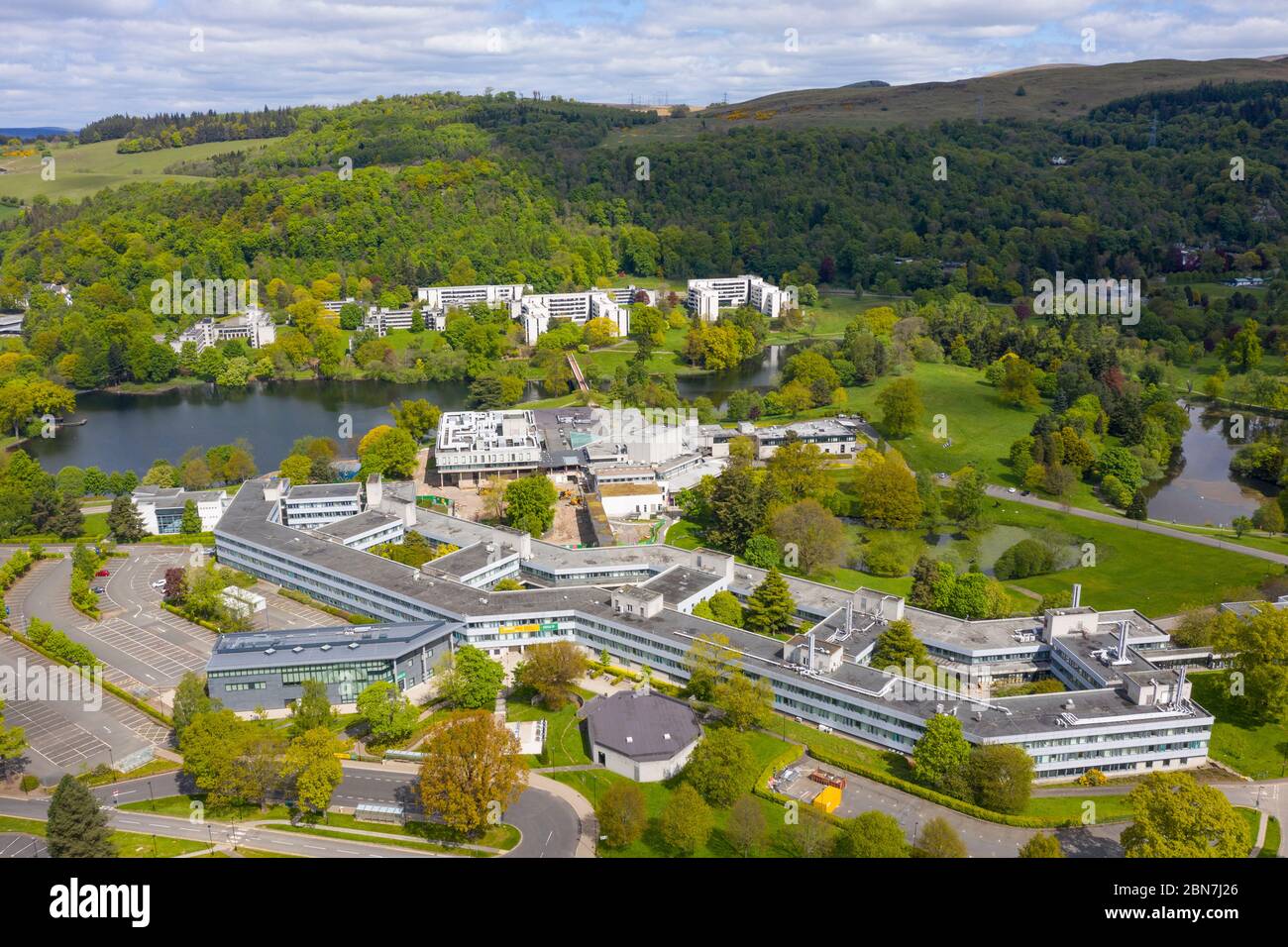Aerial view of campus of Stirling University closed due to covid-19 lockdown  Stirling, Scotland, UK Stock Photo