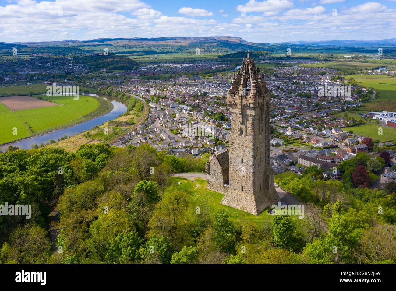 Aerial view of the National Wallace Monument tower on Abbey Craig