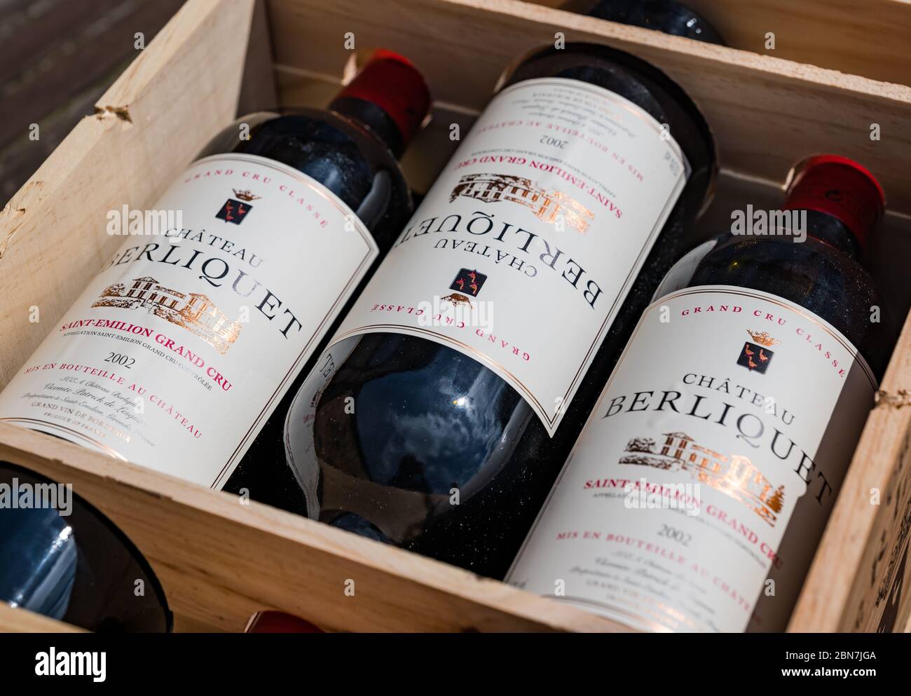 C of Bordeaux St Emilion grand cru classe Chateau Berliquet French red wine bottles Stock Photo