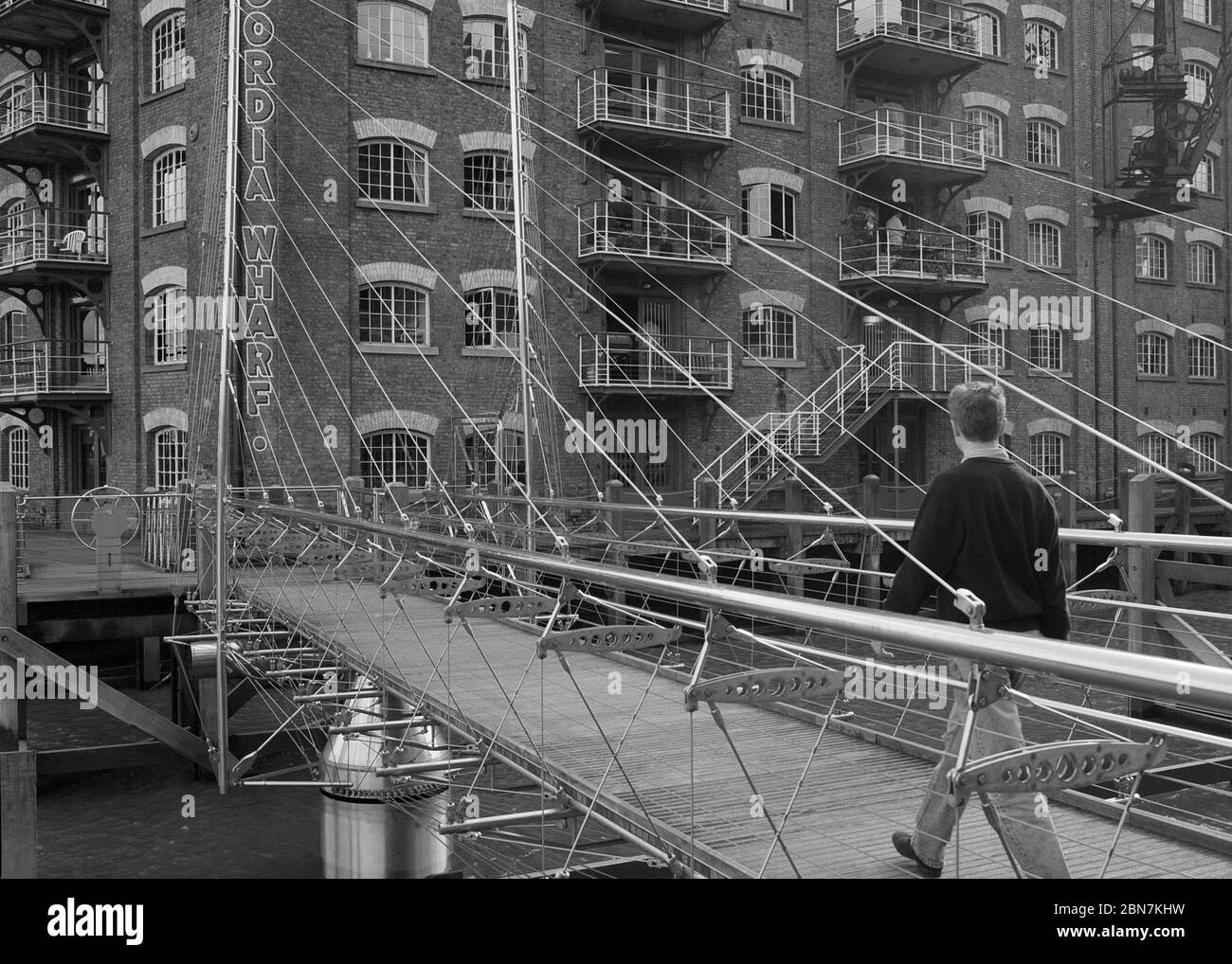1997. new footbridge at Concordia Wharf, Thames side, London, England
