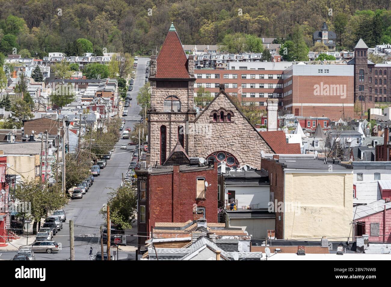Reading, Pennsylvania-May 1: 2020: Aerial View of a Rooftops and city street, Reading Pennsylvania Stock Photo