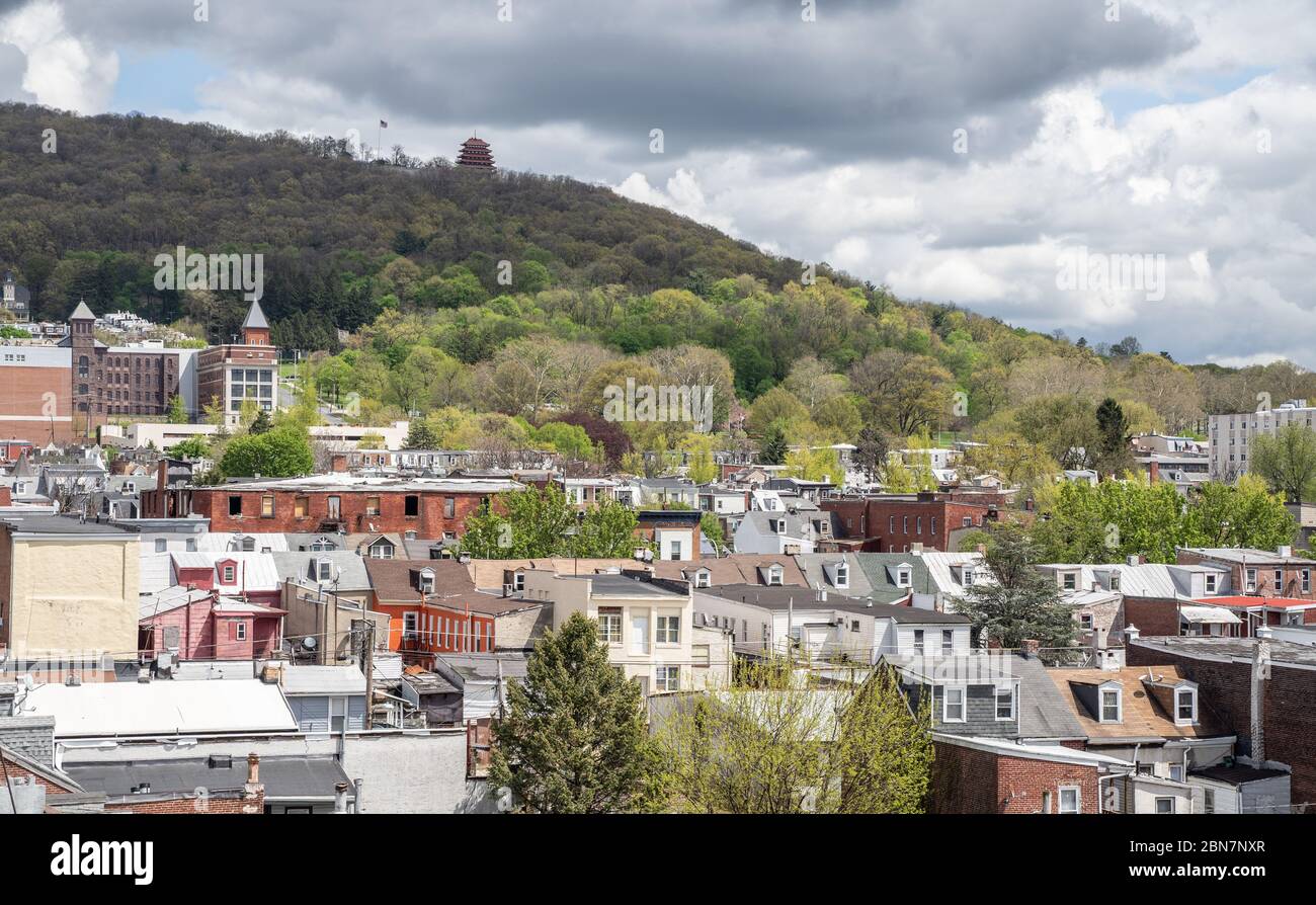 Reading, Pennsylvania-May 1: 2020: Aerial View of a Rooftops and Pagoda, Reading Pennsylvania Stock Photo
