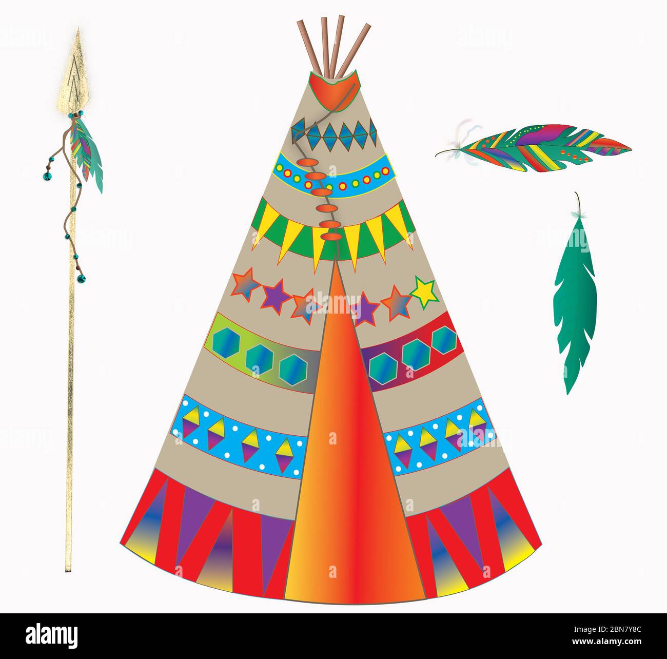Graphic Illustration of images pertaining to the lifestyle of the American native Indian including, tepee, arrow and feathers isolated o white backgro Stock Photo