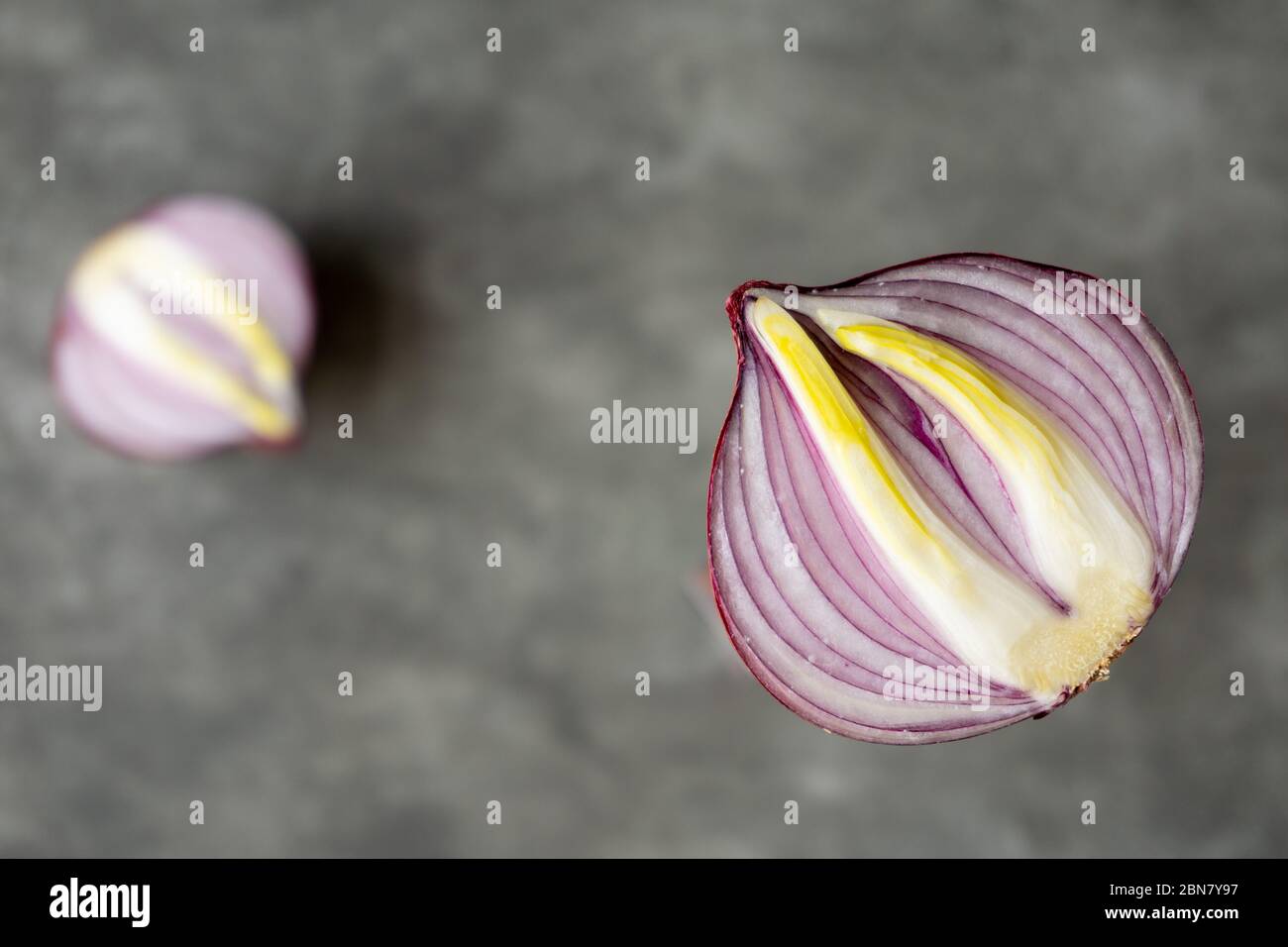 Half of red onion on right side close up. Another half blurred on the left. Macro photo, copy space, creative photo.  Stock Photo