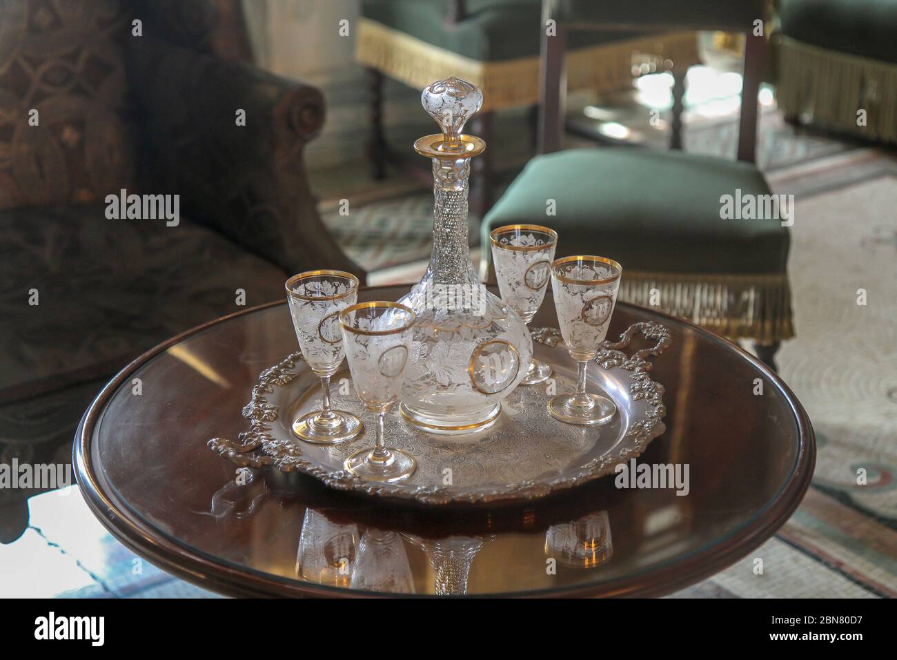 Glassware displayed at the Breakers mansion, Newport, Rhode Island, United States Stock Photo