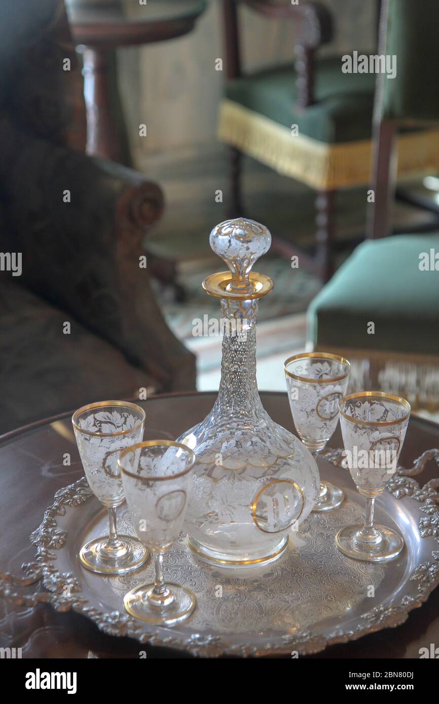 Glassware displayed at the Breakers mansion, Newport, Rhode Island, United States Stock Photo