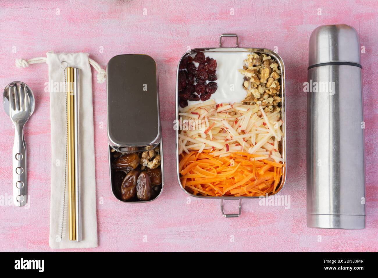 School lunch box with sandwich and thermos of juice on table. Ready for  school. Stock Photo