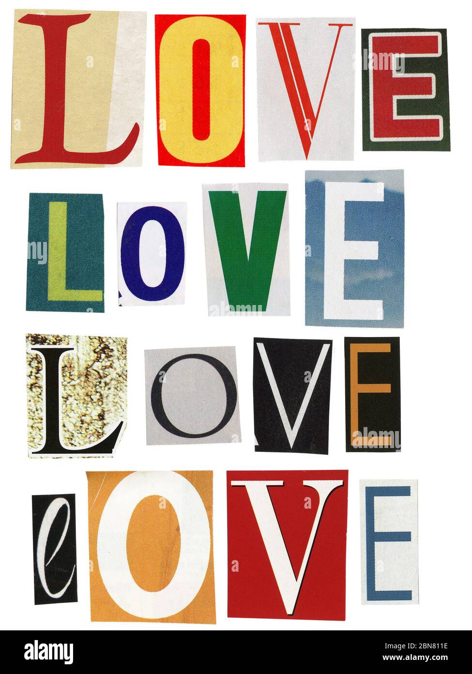 Love word made of newspaper clippings isolated on white background. Stock Photo