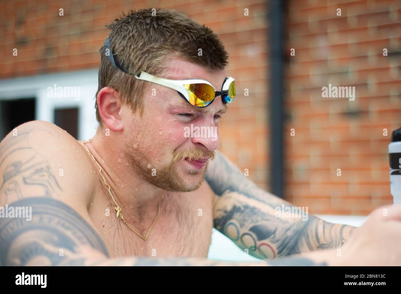 British swimmer Adam Peaty trains at his house in Loughborough in pool provided by Jacuzzi in partnership with Bedfordshire Hot Tubs to allow GB Olympic Swimmers to continue to train at home for Tokyo 2021 during the current UK lockdown. Stock Photo