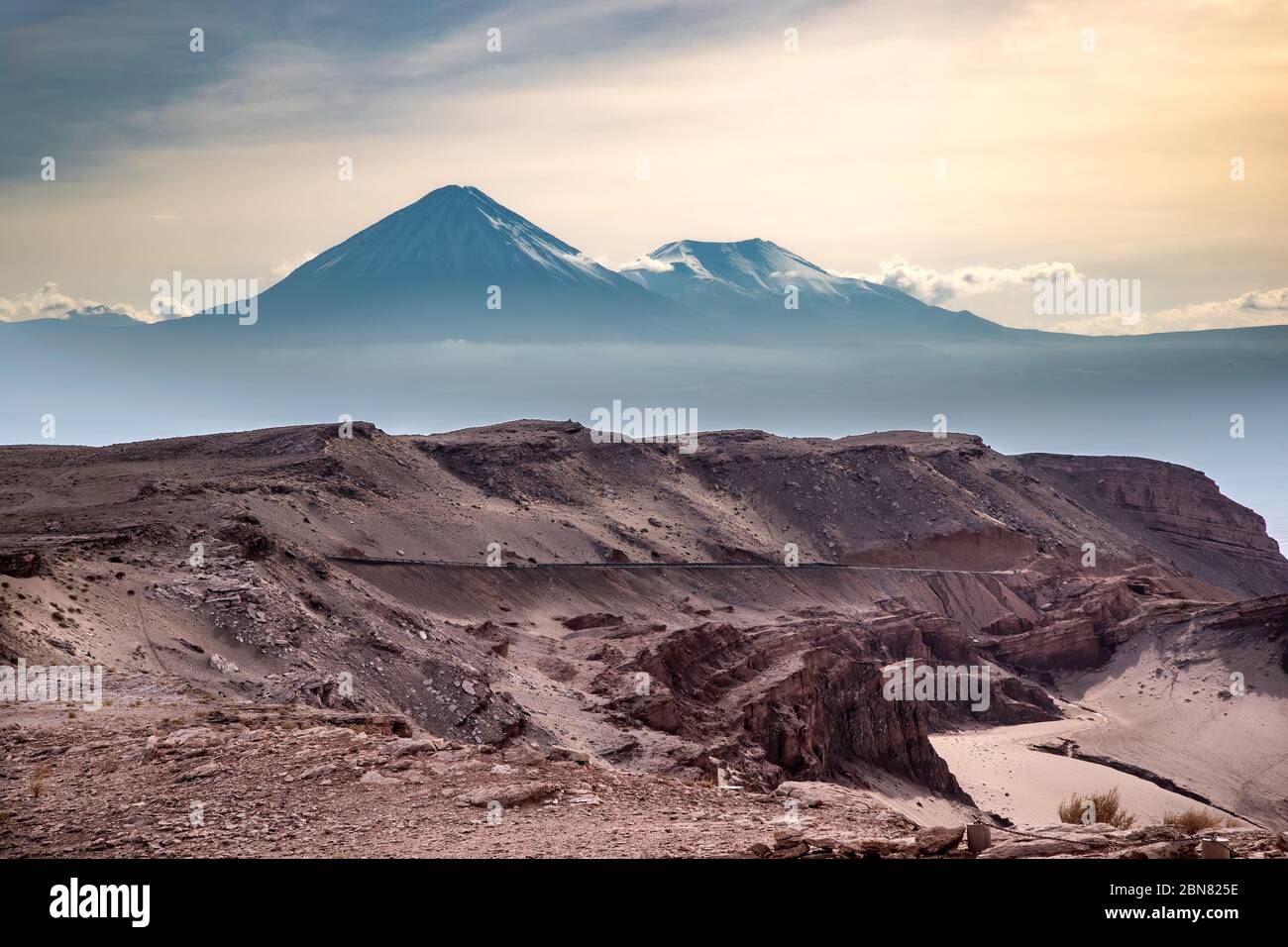 View towards Licancabur Volcano from Mirador de Kari, Piedra del Coyote , San Pedro de Atacama, El Loa, Antofagusta, Chile Stock Photo