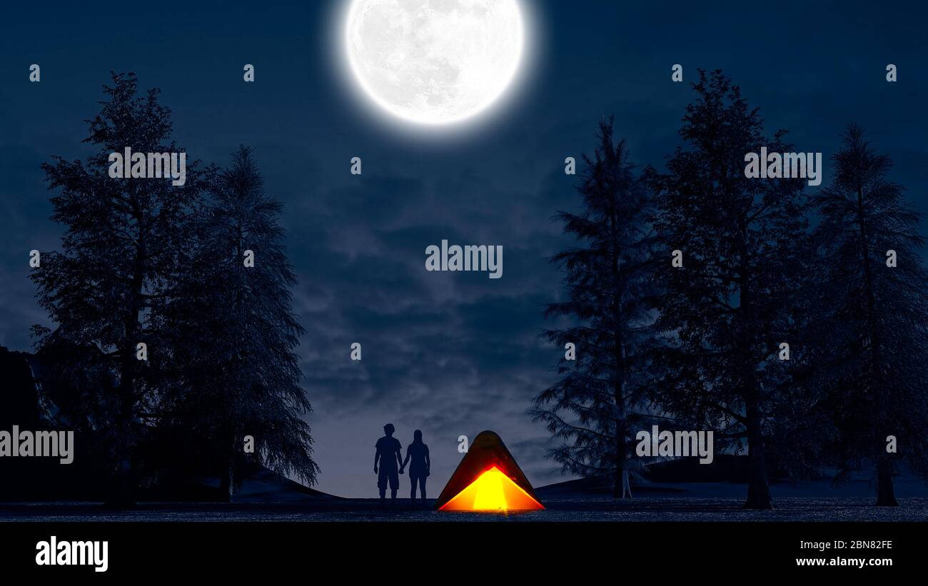 Tent, outdoor life, camping, social distancing. Holidays. Night and moon shining in the woods. Covid-19 vacation. Tent in the middle of the night. Stock Photo