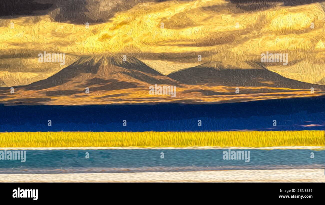 Digital art image of the Juriques and Licancabur volcanoes seen from across the Laguna Piedra in the Atacama desert. Stock Photo