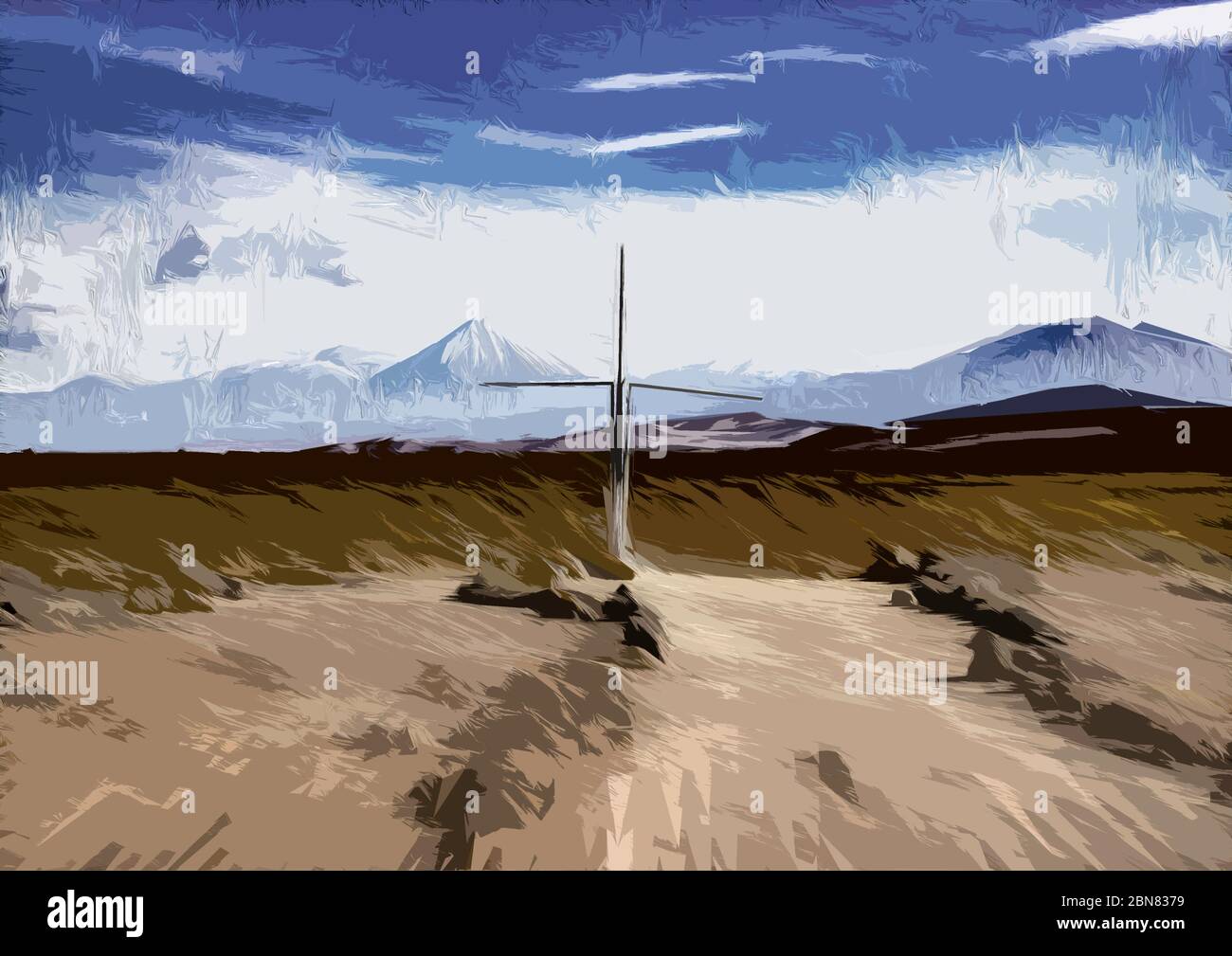 Digital art, illustration from photograph. Where the Inca Trail crosses the Tropic of Capricorn with the Lascar Volcano in the distance Stock Photo