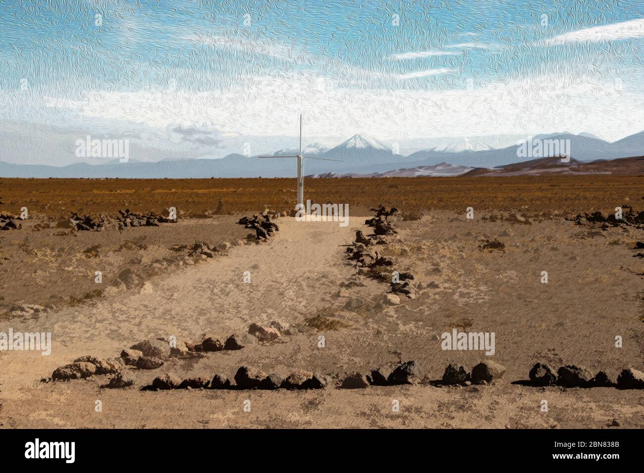 Digital art, illustration from photograph. Where the Inca Trail crosses the Tropic of Capricorn with the Lascar Volcano in the distance Stock Photo