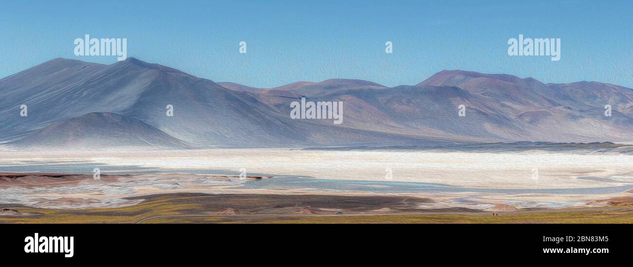 Panorama over the Salar salt flats towards Caichinque, presented as digital art. Stock Photo