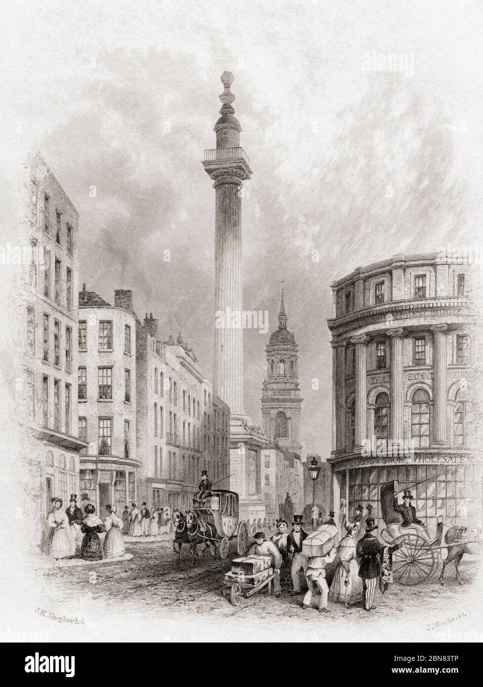 The Monument and St Magnus The Martyr Church, London, England, 19th century.  From The History of London: Illustrated by Views in London and Westminster, published c.1838. Stock Photo